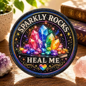 May include: Round patch with the text "Sparkly Rocks Heal Me" and a colorful illustration of crystals. The patch features a black border with a rainbow-colored inner border and a heart-shaped rainbow graphic.