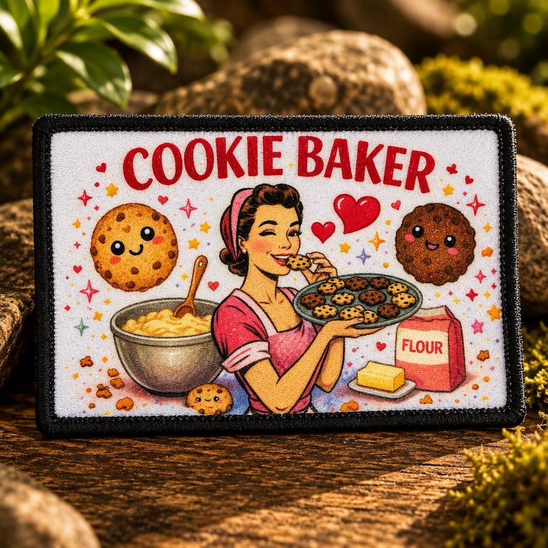 A rectangular patch with a black border featuring the text COOKIE BAKER in red. The illustration shows a person in a pink apron holding a tray of cookies, a mixing bowl with a wooden spoon, a bag of flour, butter, and two smiling cookies.