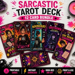 Sarcastic tarot card bundle digital download featuring 12 bold mental health themed designs with vibrant neon artwork and edgy humor