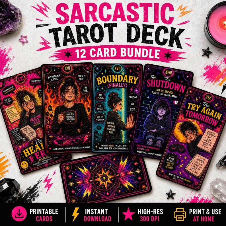 Sarcastic tarot card bundle digital download featuring 12 bold mental health themed designs with vibrant neon artwork and edgy humor