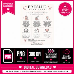 Op de afbeelding: Een digitale Freshie Care Card instructiekaart met zwarte tekst en roze hartjesiconen. Het bevat secties over ophangen, sprays vermijden, hitte, autogebruik, geurduur en veiligheid, met een duidelijke lay-out voor kleine ondernemers.