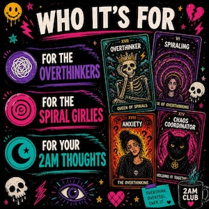 Sarcastic tarot cards for overthinkers, anxiety humor lovers, and people who relate to late night thoughts and emotional spirals