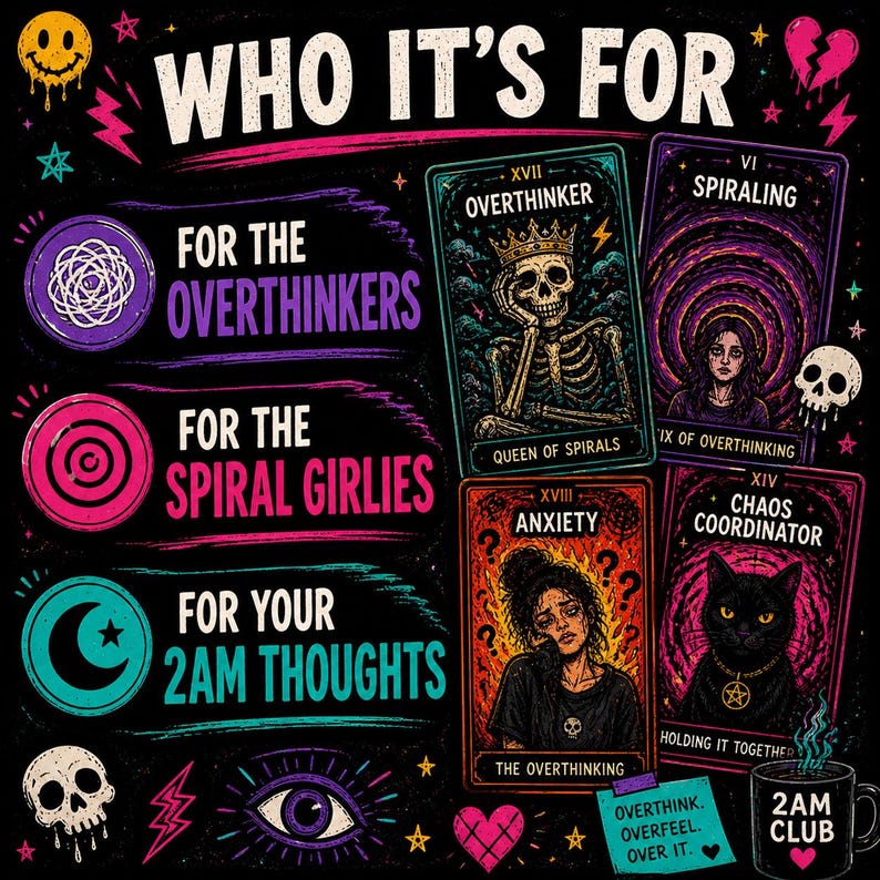 Sarcastic tarot cards for overthinkers, anxiety humor lovers, and people who relate to late night thoughts and emotional spirals