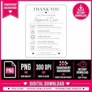 May include: A white rectangular apparel care instruction card featuring black text and laundry symbols. The text reads: THANK YOU FOR YOUR PURCHASE, Apparel Care, MACHINE WASH COLD, DO NOT BLEACH, TUMBLE DRY LOW, COOL IRON IF NEEDED, DO NOT DRY CLEAN.
