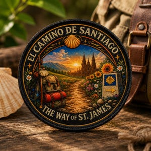 May include: Round patch with a detailed illustration of the Camino de Santiago pilgrimage route. The design features a path, backpack, church, and text "EL CAMINO DE SANTIAGO" and "THE WAY OF ST. JAMES". The patch has a black border and a colorful sunset.
