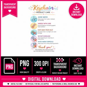 Può includere: Una guida digitale alla cura dei portachiavi con istruzioni per evitare acqua, calore e prodotti chimici aggressivi, maneggiare con cura e non sovraccaricare. La grafica include icone, il testo Keychain Product Care e dettagli sul formato file.