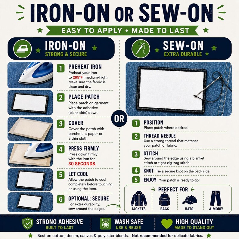 An instructional infographic titled IRON-ON OR SEW-ON detailing two application methods for a rectangular patch. The left side shows six steps for ironing at 285°F, while the right side shows five steps for sewing onto fabric with a needle and thread.