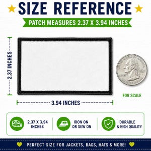 A rectangular patch with a white center and a black border. The patch measures 2.37 by 3.94 inches, as indicated by the text and measurement lines. A United States quarter coin is placed next to the patch for size reference.