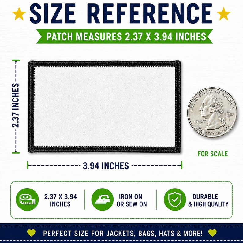 A rectangular patch with a white center and a black border. The patch measures 2.37 by 3.94 inches, as indicated by the text and measurement lines. A United States quarter coin is placed next to the patch for size reference.