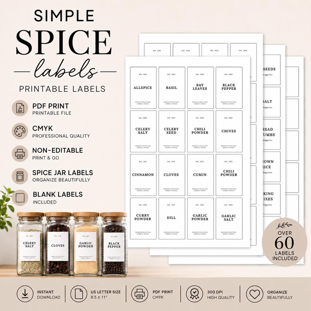 Spices Labels Rectangle Printable Spice Jar Labels, Spice Label Bundle, Kitchen Organization ...