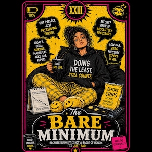 Funny burnout tarot card design with sarcastic quote about doing the bare minimum and mental exhaustion in bold yellow and black