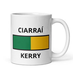 11 oz. mug white glossy ceramic ‘CIARRAÍ / KERRY’ county colours Ireland Munster football hurling camogie sports supporter gift