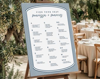 Plano de asientos para bodas | Estilo clásico con rayas azules | Orden alfabético de las mesas | Cartel de asientos para la recepción | Descarga de plantilla Canva AB17