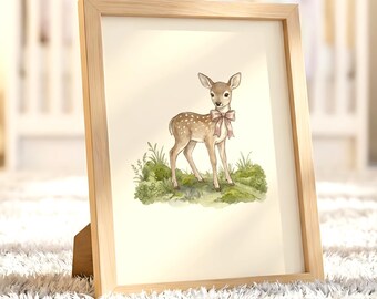 Cuadro decorativo de acuarela con diseño de cervatillo, estilo Cottagecore vintage, ideal para la habitación del bebé o como regalo para una futura mamá (SY4).