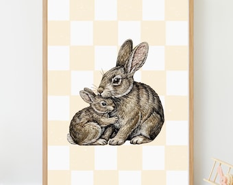 Decoración infantil de estilo rústico con conejitos | Lámina vintage estilo cottagecore | Cuadros vichy | Mamá y bebé conejito | Arte mural digital bordado SY3