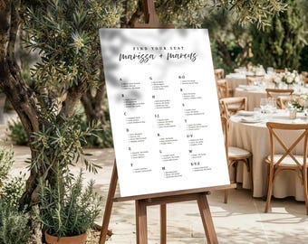 Plano de asientos para bodas | Decoración minimalista y elegante | Letrero para encontrar tu asiento | Lista de invitados personalizada | Plantilla de Canva | Descarga digital AB18