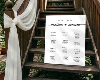 Plano de asientos para bodas | Distribución de mesas | Caligrafía moderna | Encuentra tu asiento | Lista de invitados personalizada | Plantilla de Canva | Descarga digital TB8