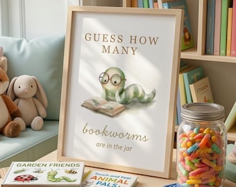 Adivina cuántos | Ratón de biblioteca en el frasco | Letrero para baby shower | Tema de cuento | Comienza un nuevo capítulo | Plantilla de Canva de descarga digital HDS2