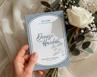 Plantilla para programa de boda | Estilo clásico con rayas azules | Novia con algo azul | Orden de la ceremonia | Descarga digital editable en Canva AB22