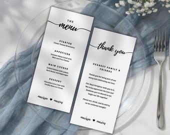 Plantilla de menú de boda | Imprescindibles para bodas | Decoración elegante minimalista en blanco y negro | Decoración rústica bohemia | Descarga editable en Canva PLS4