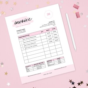May include: A pink and white invoice with the word "invoice" written in cursive. The invoice includes a business name, invoice number, date, item description, quantity, price, and total. The invoice also includes contact information for the business.