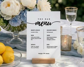 Menú de bar para bodas | Letrero de bebida especial | Plantilla de menú de bar | Decoración minimalista moderna | Editable en Canva | Descarga instantánea PLS5
