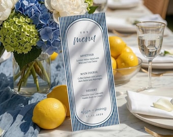 Menú de boda | Algo azul para la novia | Letrero de cóctel a rayas de estilo clásico | Lujo vintage | Plantilla digital de Canva AB13