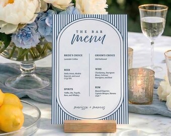 Plantilla de menú de boda | Algo azul para la novia | Decoración de estilo clásico con rayas azules | Imprescindibles para la boda | Plantilla de Canva | Imprimible AB16