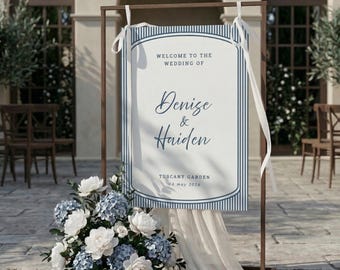 Plantilla de cartel de bienvenida para bodas | Estilo tradicional de la alta sociedad con rayas azules | Novia con algo azul | Cartel grande para la recepción | Plantilla editable de Canva AB20