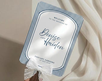 Abanico para programa de boda | Estilo clásico a rayas azules | Novia con algo azul | Cronograma de ceremonia personalizado | Descarga digital editable en Canva AB24