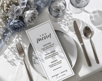 Plantilla de menú de boda | Decoración rústica bohemia para bodas | Papelería elegante en blanco y negro | Estilo minimalista moderno | Descarga editable en Canva AB14