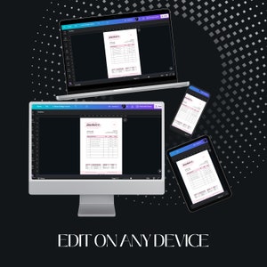 May include: A mockup of a digital invoice template displayed on a desktop computer, tablet, and smartphone. The invoice template has a modern design with a pink and purple color scheme. The text "invoice" is written in a cursive font.