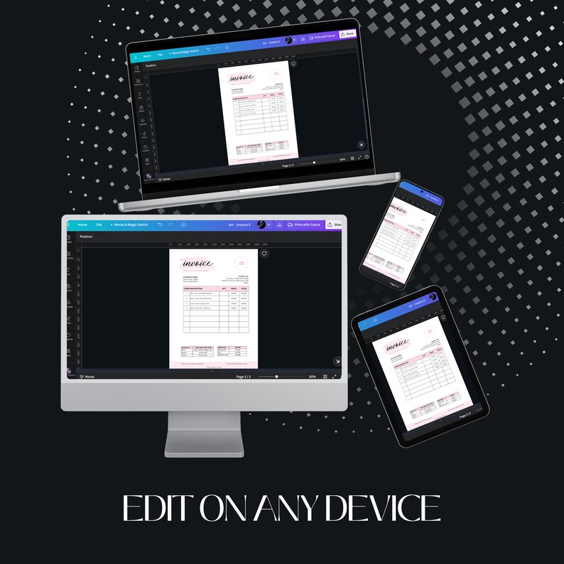 May include: A mockup of a digital invoice template displayed on a desktop computer, tablet, and smartphone. The invoice template has a modern design with a pink and purple color scheme. The text "invoice" is written in a cursive font.