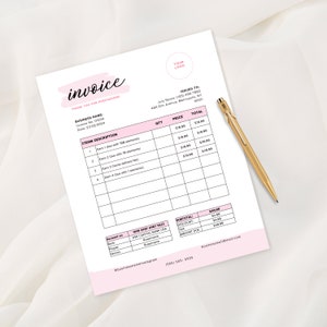 May include: A pink and white invoice template with the word "invoice" in a pink script font. The invoice includes a business name, invoice number, date, item description, quantity, price, and total. The invoice also includes contact information for the business, including a phone number and email address.