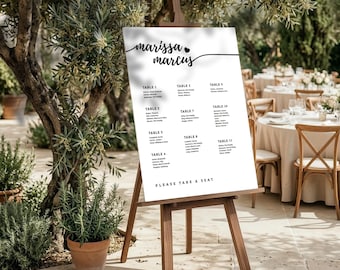 Letrero para la distribución de mesas en bodas | Plano de mesas con caligrafía elegante | Estilo rústico bohemio minimalista | Póster personalizado para la recepción | Descarga digital en Canva PLS6