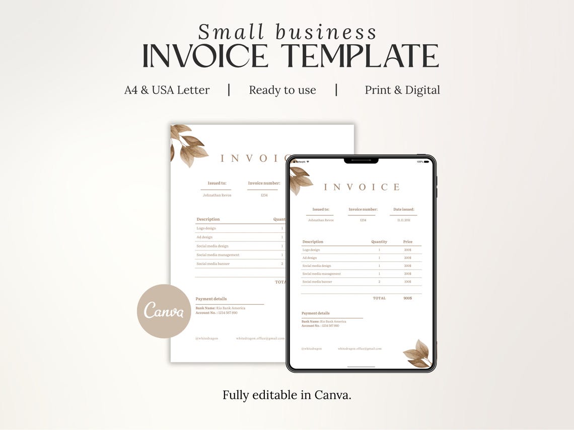 Invoice Template for Small Business Minimal Client Invoice Digital ...