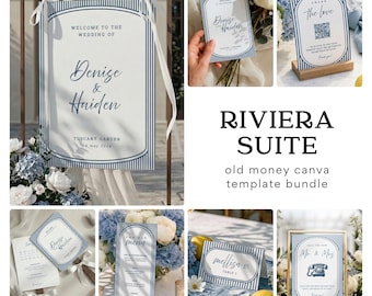 Paquete de letreros para bodas | Papelería Old Money | Letreros a rayas azules | Invitaciones editables | Letreros para la recepción (hazlo tú mismo) | Riviera Suite AB