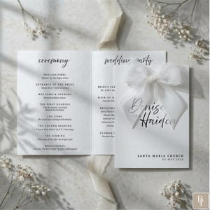 Plantilla de programa de boda | Itinerario de ceremonia con caligrafía | Orden de servicio minimalista | Folleto para iglesia católica | Plantilla imprimible de Canva AB21