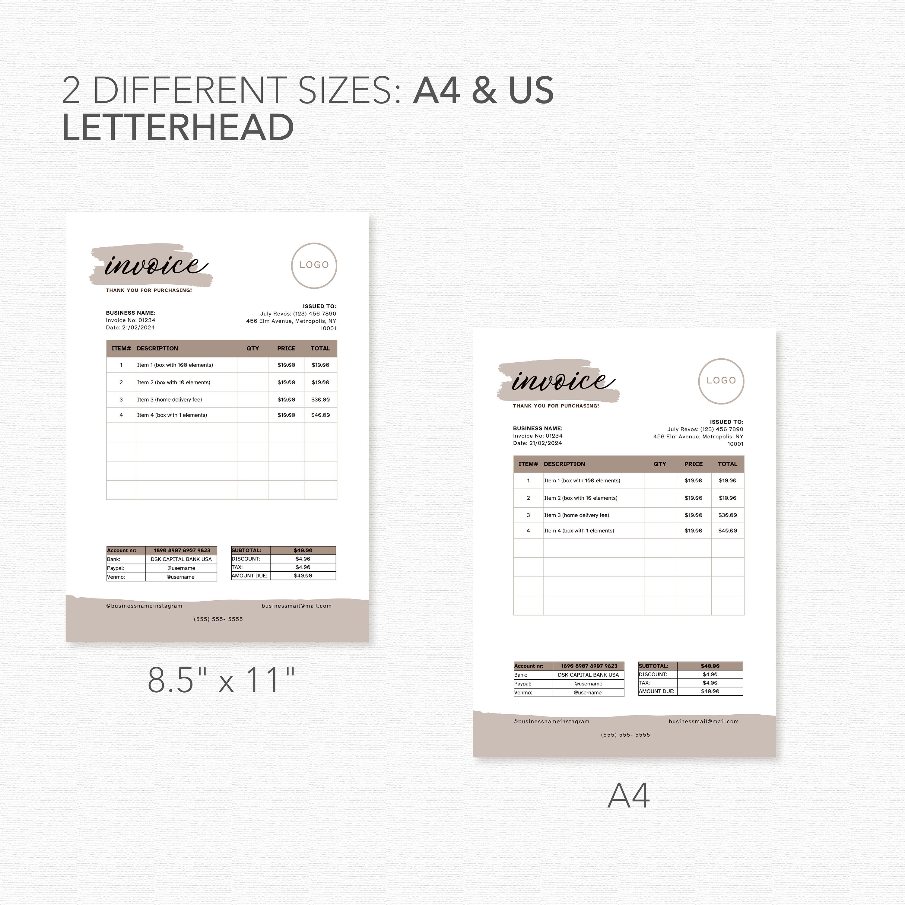 Minimal Invoice Editable Template for Small Business Minimal Digital ...