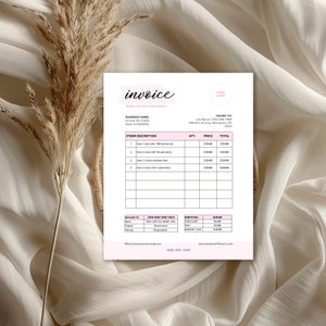 May include: A pink and white invoice template with the text "invoice" in cursive. The invoice includes a business name, invoice number, date, item description, quantity, price, and total. The invoice also includes a subtotal, discount, tax, and amount due.