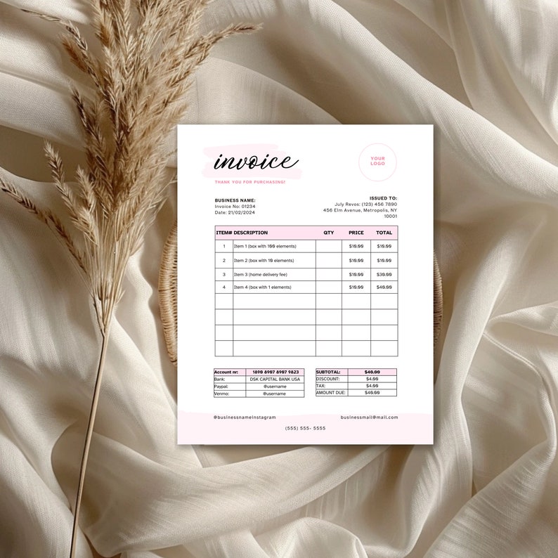 May include: A pink and white invoice template with the text "invoice" in cursive. The invoice includes a business name, invoice number, date, item description, quantity, price, and total. The invoice also includes a subtotal, discount, tax, and amount due.