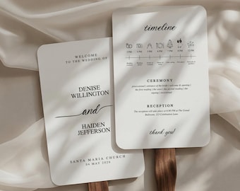 Plantilla de programa de boda en forma de abanico | Cronograma minimalista moderno | Ceremonia clásica en blanco y negro | Orden de la ceremonia imprimible | Editable en Canva TB13