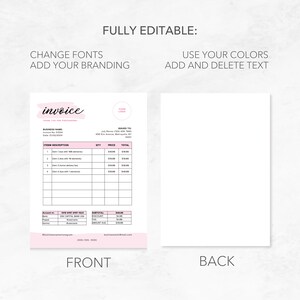 May include: A pink and white printable invoice template with the word "invoice" in a handwritten font. The template includes sections for business name, invoice number, date, item description, quantity, price, total, subtotal, discount, and amount due. The template also includes space for a business logo and contact information.