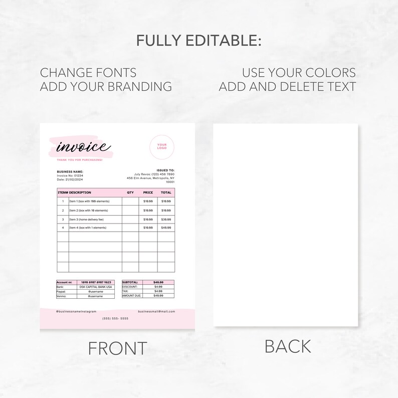 May include: A pink and white printable invoice template with the word "invoice" in a handwritten font. The template includes sections for business name, invoice number, date, item description, quantity, price, total, subtotal, discount, and amount due. The template also includes space for a business logo and contact information.