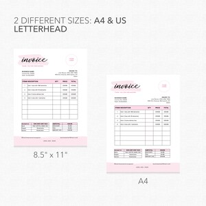 May include: Two invoice templates in different sizes: 8.5 inches by 11 inches and A4. Both templates feature a pink watercolor design with the word "invoice" in a handwritten font. The templates include sections for business name, invoice number, date, issued to, item description, quantity, price, total, subtotal, discount, amount due, account, bank, and contact information.