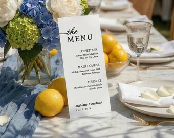 Plantilla de menú de boda, imprescindibles para bodas, decoración elegante minimalista en blanco y negro, editable en Canva, descarga instantánea, estilo rústico bohemio TB9