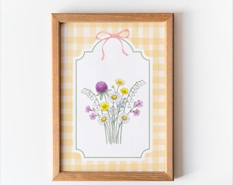 Lámina infantil vintage con estampado de flores silvestres | Cuadros de vichy en tonos pastel | Decoración estilo cottagecore | Habitación de niña | Descarga digital instantánea SY2
