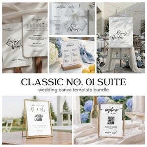 Könnte beinhalten: Eine Sammlung von Vorlagen für Hochzeitspapeterie, darunter Willkommensschilder, Menüs und Zeitkarten. Die Designs zeichnen sich durch elegante Kalligraphie aus und sind vor dem Hintergrund von Blumenarrangements und Außenbereichen platziert. Der Text "Classic No. 01 Suite" wird angezeigt.