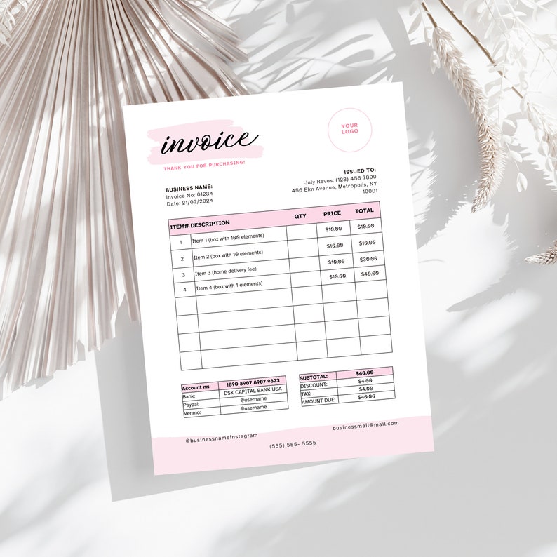 May include: A pink and white invoice template with the words "invoice" and "Thank you for purchasing" at the top. The invoice includes a business name, invoice number, date, item description, quantity, price, and total. The invoice also includes account information, such as bank name, account number, and contact information.