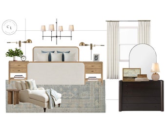 May include: A bedroom interior design with a white upholstered bed, two wooden nightstands, a chaise lounge, a rug, and a dresser with a mirror. The walls are white and the curtains are white.